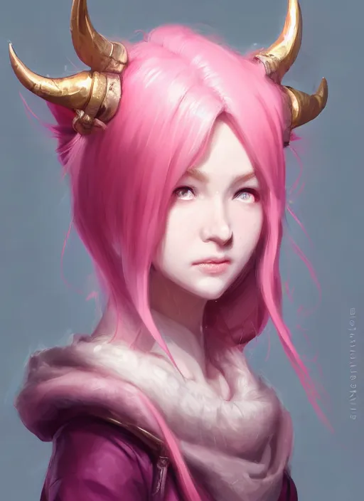 Image similar to a highly detailed illustration of cute smug pink haired pale girl with curved horns wearing oversized pink hoodie, dramatic smirk pose, intricate, elegant, highly detailed, centered, soft light, character design, cushart krenz, digital painting, artstation, concept art, smooth, sharp focus, league of legends concept art, wlop.