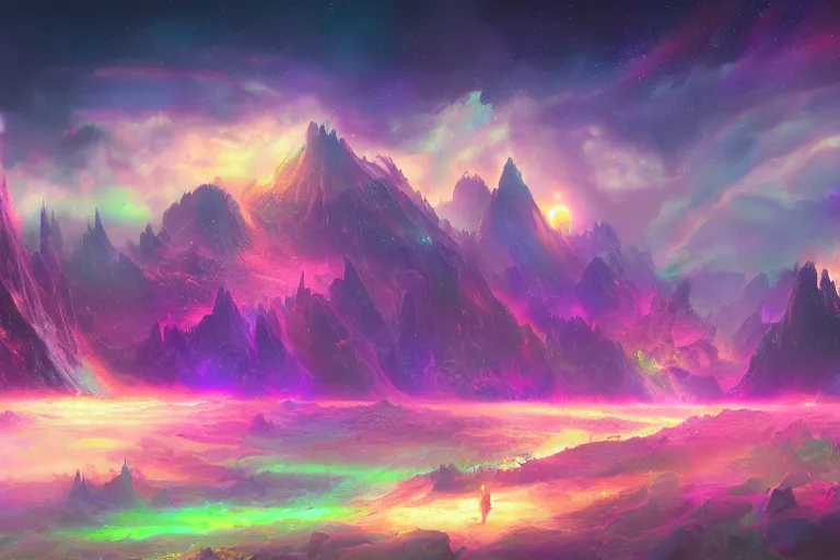 Prompt: a psychedelic landscape at the edge of the known universe, astral beings sharing love in the style of greg rutkowski and wlop and lisa frank and bob ross and ruan jia