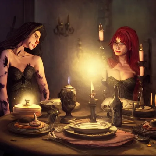 Prompt: dark witches doing a ritual at a table wide angle, fine details, cinematic. galaxy starscape. realistic shaded lighting by Ilya Kuvshinov Giuseppe Dangelico Pino and Michael Garmash and Rob Rey greg rutkowski, octane render, IAMAG premiere, aaaa achievement collection, elegant freckles, cinematic hologram, fabulous, daily deviation, 4k, 8k, annual award winner