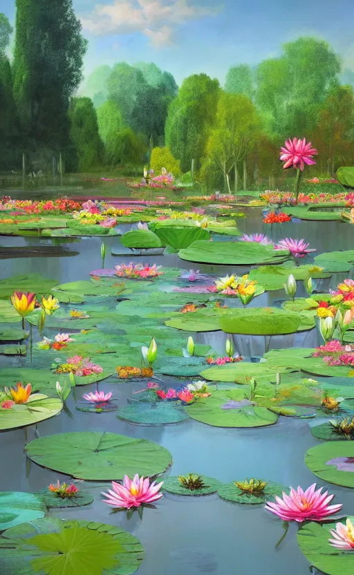 Prompt: matte painting of a serene landscape of a garden filled with vivid colorful flowers and lush fruit trees, water lily and narcissus above pond melted into starry summer by nicolas party trending on artstation, 8 k resolution