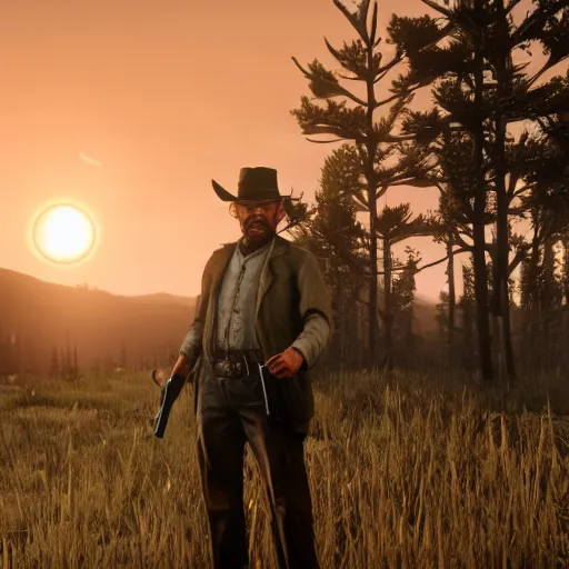 Image similar to Walter White as a character in Red Dead Redemption 2, forest during sunset, realistic screenshot