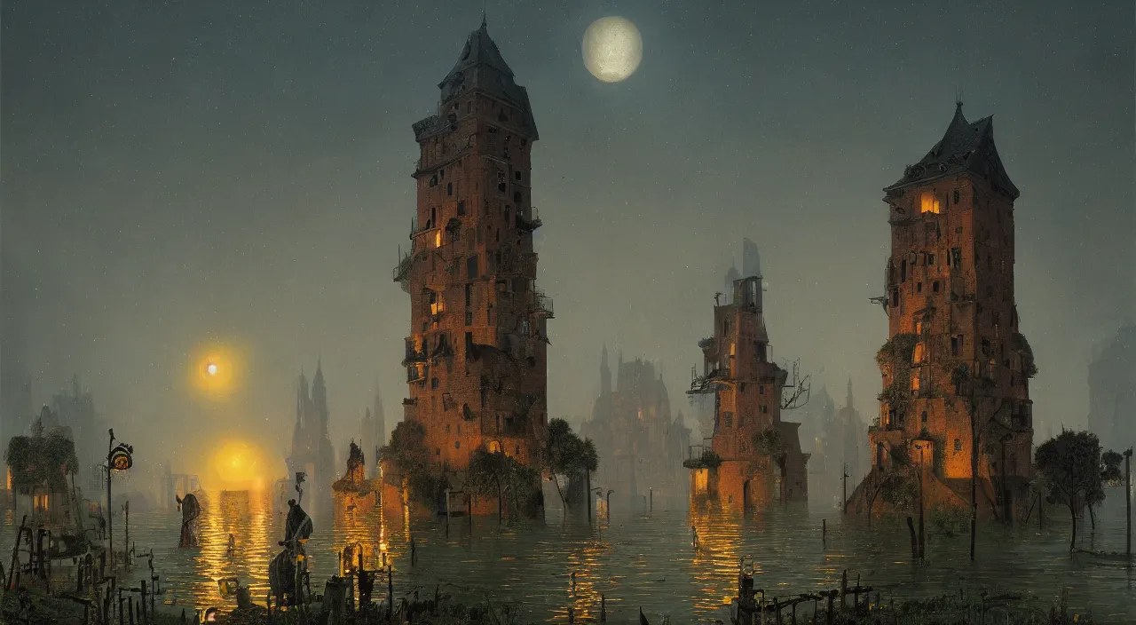 Prompt: a digital painting of a flooded ancient tower at night by simon stalenhag carl spitzweg jan van eyck audubon rene magritte max ernst, full-length view, highly detailed, vibrant colors, extremely high contrast!, symmetry, great composition, high detail, cinematic lighting, award winning masterpiece, trending on artstation