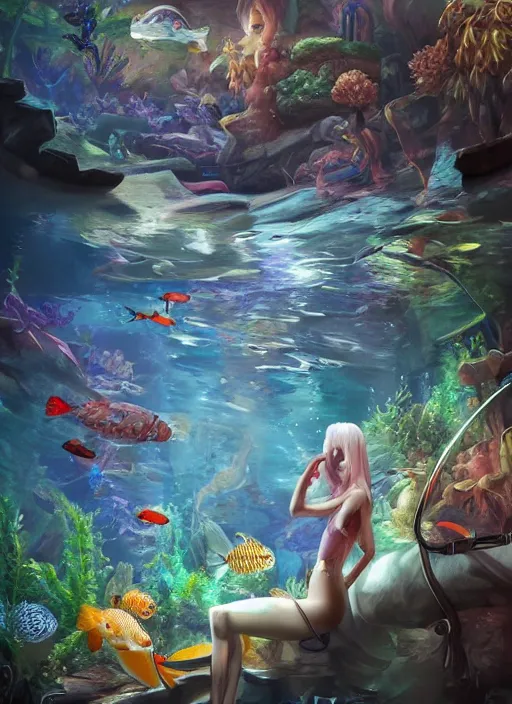 Image similar to people observing lots of beautiful fish in an underground aquarium corridor, in the style of artgerm, fantasy art, ray tracing, water droplets, highly detailed, artstation trend, highly detailed and intricate, sharp focus, photography, unreal engine 5