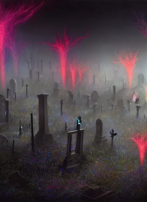 Prompt: hyperrealistic mixed media painting of glowing will-o-wisps in a dark cemetary, stunning 3d render inspired art by P. Craig Russell and Barry Windsor-Smith + dim volumetric lighting, foggy, abstract, 8k octane beautifully detailed render, post-processing, extremely hyperdetailed, intricate, epic composition, grim yet sparkling atmosphere, cinematic lighting + masterpiece, trending on artstation, very very detailed