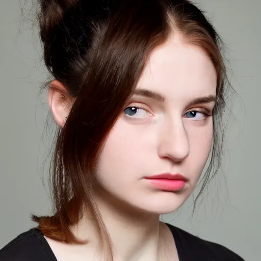 Prompt: a beautiful face of a young pale woman with brown eyes, small lips pointy nose, cheeks, and brown hair in two buns