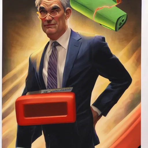 Image similar to jerome powell with a money printer by alex ross