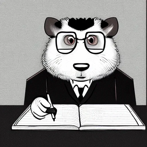 Prompt: high quality photorealistic digital illustration of an opossum named paw - paw who is a lawyer. he is wearing glasses and taking notes on a legal pad. in the style of art spiegelman.