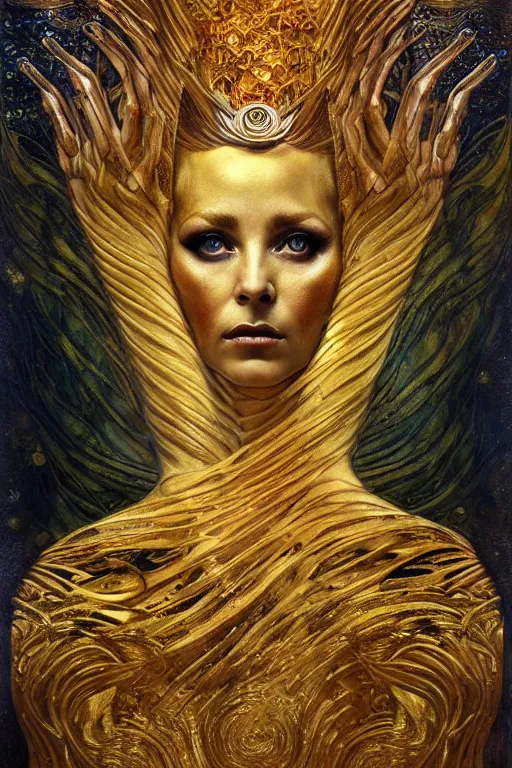 Prompt: Intermittent Chance of Chaos Muse by Karol Bak, Jean Deville, Gustav Klimt, and Vincent Van Gogh, Rebirth, Loki's Pet Project, Poe's Angel, Surreality, inspiration, imagination, sacred muse, otherworldly, fractal structures, arcane, ornate gilded medieval icon, third eye, spirals