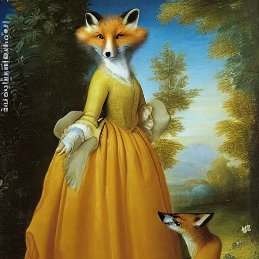 Image similar to A beautiful animal portrait of a fox in a pale yellow dress by Robert Cleminson and Jan Brueghel the Elder