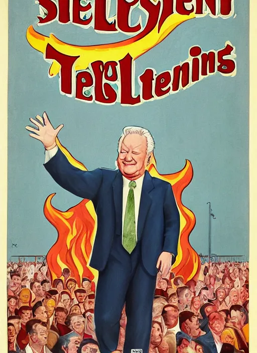 Prompt: yeltsin president in hell, devils and sinners, advertising in the style of american art of the 1 9 5 0 s in color