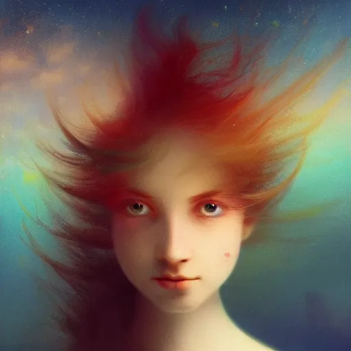 Image similar to i woke up in a world that had fragments of you. three-quarters portrait, flaky paper skin, different colored multicolored eyes, long flowing hair underwater, imagination cosmic dream, dreamy, 8k artgerm bokeh, award winning photography, trending on artstation, by Ivan Aivazovsky and Odilon Redon