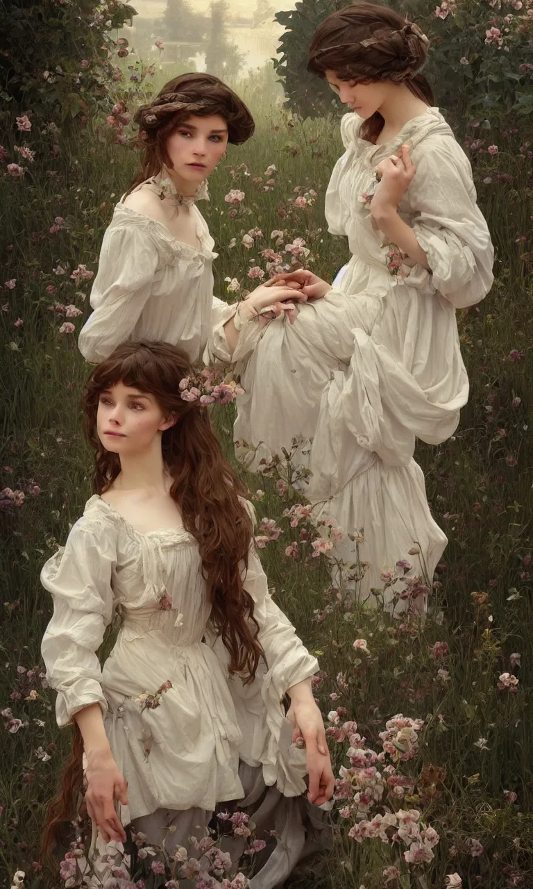 Image similar to beautiful cottagecore young peasant maiden, innocent, intricate, elegant, highly detailed, digital painting, artstation, concept art, smooth, sharp focus, illustration, art by artgerm and greg rutkowski and alphonse mucha