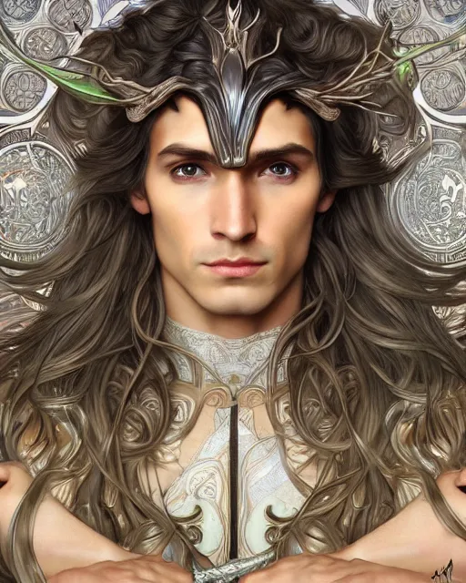 Image similar to pretty elven man, long hair, tan skin, fantasy, light silver armor, super detailed, very ornate, by alphonse mucha, artgerm, magali villeneuve, symmetrical face, 8 k, sharp focus, illustration