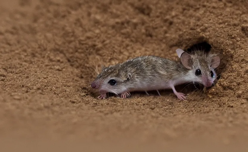 Image similar to scifi concept art, a tiny sentient desert mouse wearing a fremen sillsuit and riding on the back of the giant sandworm, macro focus,