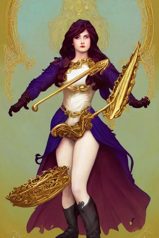 Prompt: Full body Portrait of a beautiful young bard lady, carrying an onrnamental Golden lyre, light borwn hair, White skin, dark Blue eyes, purple leather garments, leather boots, fingerless gloves, detailed face, high fantasy, magic music, dungeons and dragons, blizzard entertainment, industrial light and magic, pixar, mucha, trending on Artstation, artstationHD, artstationHQ, octane, cgsociety, HD, 16K