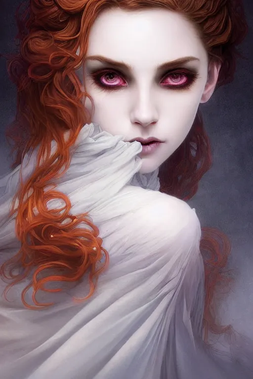 Image similar to portrait of a vampire , dark fantasy, gradient white cyan, dreamy and ethereal, orange eyes, ghost, golden ratio, peaceful expression, ornate frilly dress, fantasy, intricate, elegant, rainbow spikes, highly detailed, digital painting, artstation, concept art, smooth,b sharp focus, illustration, art by artgerm and greg rutkowski and alphonse mucha