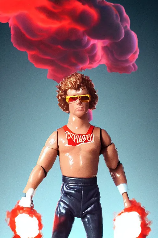 Prompt: detailed illustration, napolean dynamite as a 1 9 8 0 s wrestling action figure, ultra realistic, dramatic lighting, thick black swirling smoke tornado, artstation