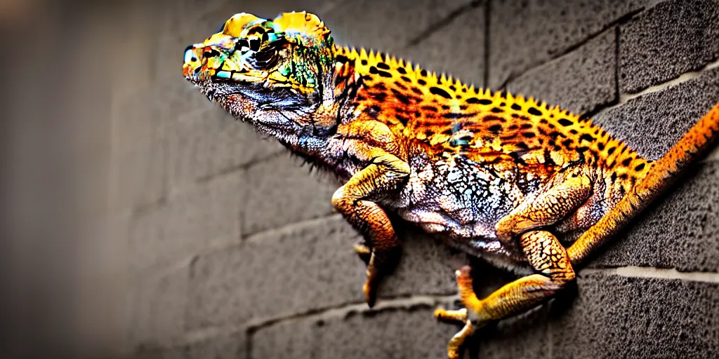 Image similar to a chameleon with leopard fur sitting on a brick wall, highly detailed, 8K, supersharp photo, depth of focus, full body, unusual photo angle