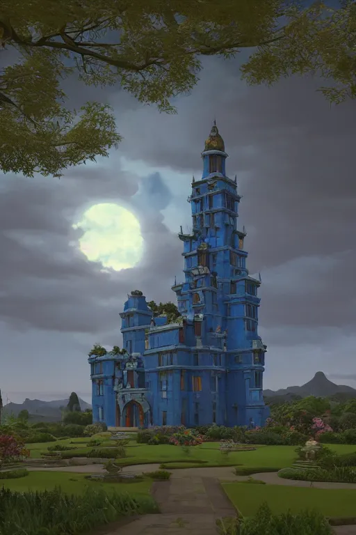 Image similar to view of the mysterious blue tower in its gardens after a storm, tall windows lit up, beautiful ornamental architecture, dramatic cinematic lighting, rich colors, by Nicholas Roerich and William Dyce and April Gornik and Ludwig Deutsch , unreal engine