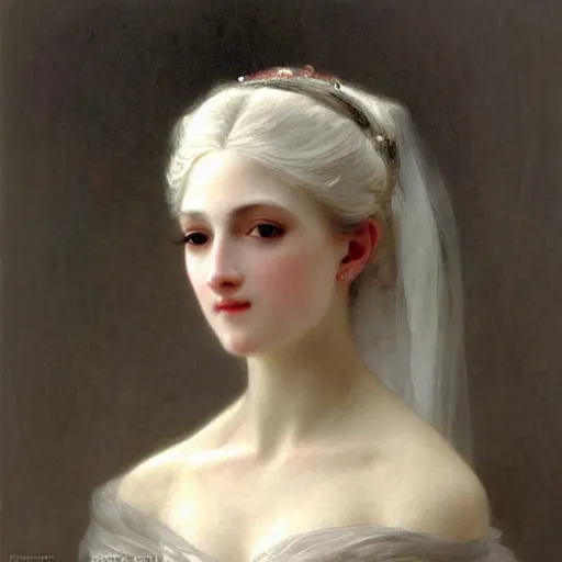 Prompt: portrait painting of a princess, close-up, highly beautiful, elegant, graceful, platinum white hair, pale, by Bouguereau, highly detailed, sharp focus, smooth