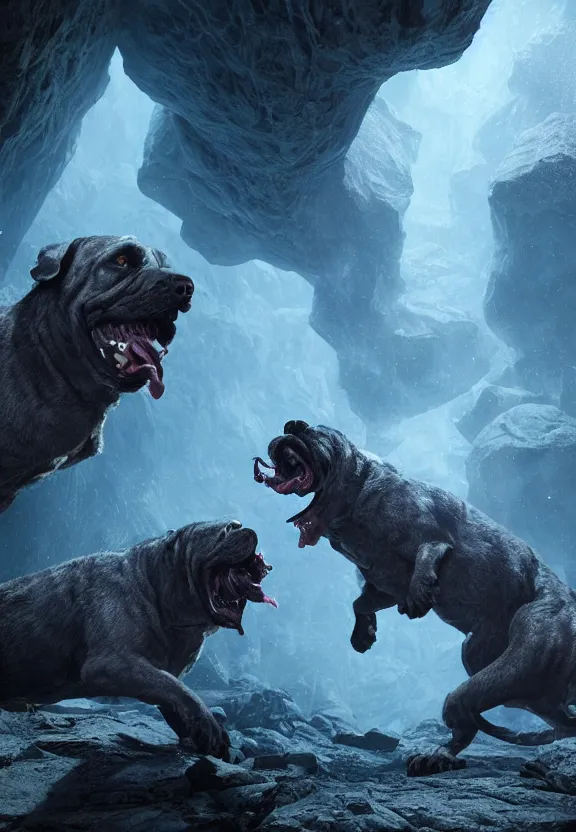 Prompt: three lovecraftian rabies mastiffs attacking inside a claustrophobic dark blue canyon of stone, foaming at the mouth, like ink in water, tapetum lucidum, monsters, digital art, greg rutkowski, unreal engine, octane render, cinematic lighting, highly detailed