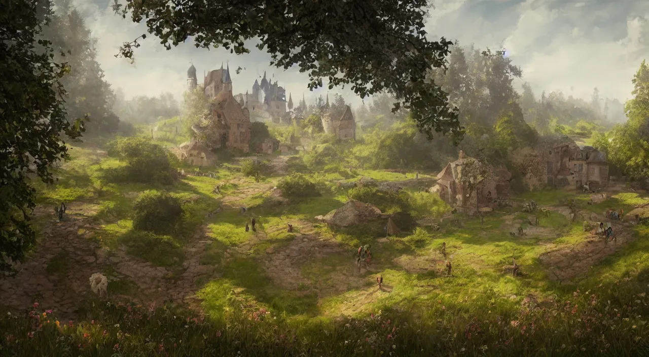 Prompt: “high quality concept art from a historical fiction video game set in Bohemia, a medieval village in a meadow near a castle, springtime, 4K HD, trending on Artstation”