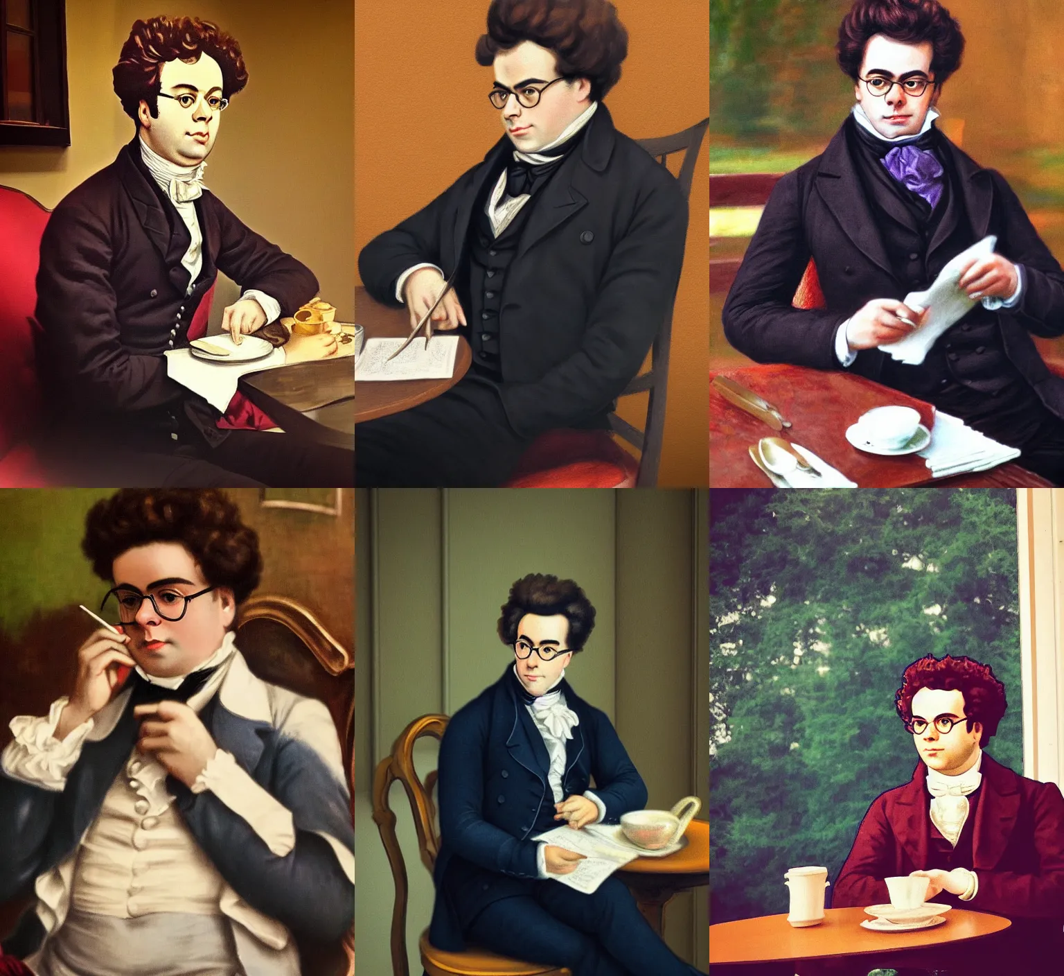 Prompt: a photo of franz schubert sitting at the cafe, rich colors, iphone photo, 4 k photo, instagram, realistic photo, detailed photo, very beautiful photo,