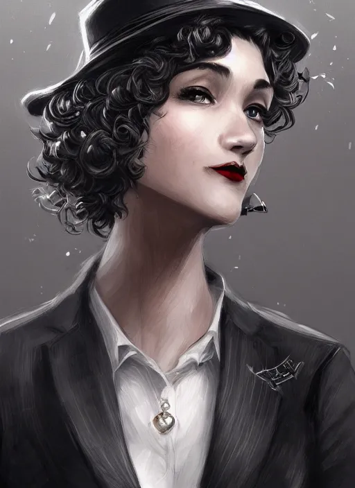 Image similar to a highly detailed illustration of curly short haired girl wearing noir hat and suit and tie, dramatic smiling pose, intricate, elegant, highly detailed, centered, digital painting, artstation, concept art, smooth, sharp focus, league of legends concept art, WLOP