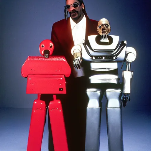 Prompt: Snoop Dogg holding two futuristic robots for a 1990s sitcom tv show, Studio Photograph, portrait, C 12.0