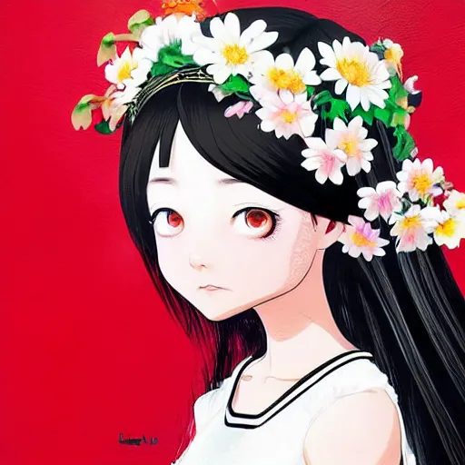 Prompt: little thai girl with flowers in hair wearing an white dress. art by ilya kuvshinov, profile picture, inspired in hirohiko araki, realistic, highly detailed, 8 0 s anime art style, vogue cover