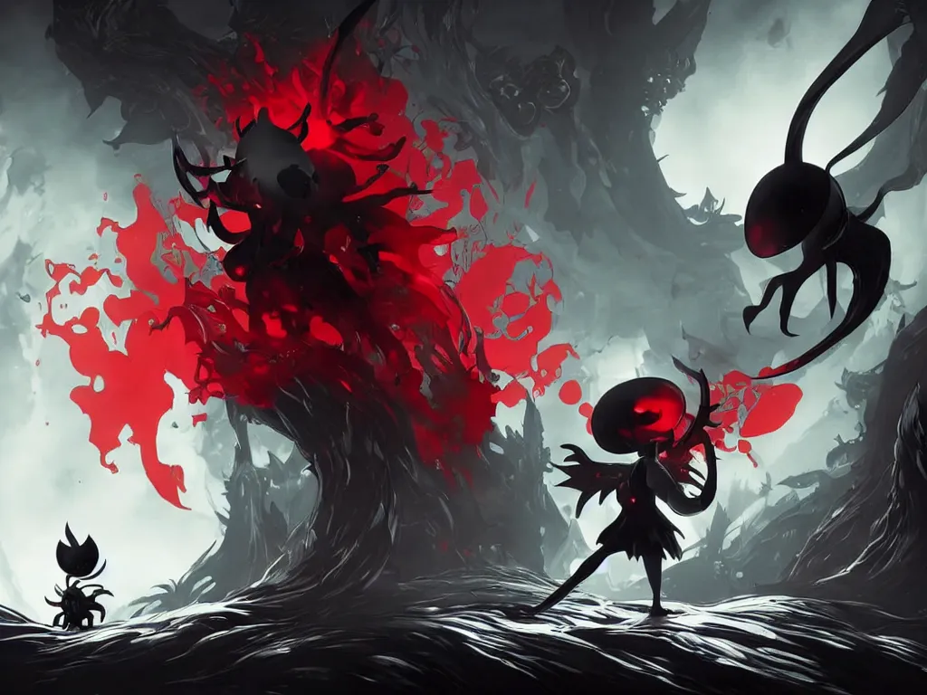 Prompt: cover art for hollow knight. Ominous. High detail. No text. Red. Bright Colors. nightmare king grimm. Sharp. 4K 8K. Detailed shapes.