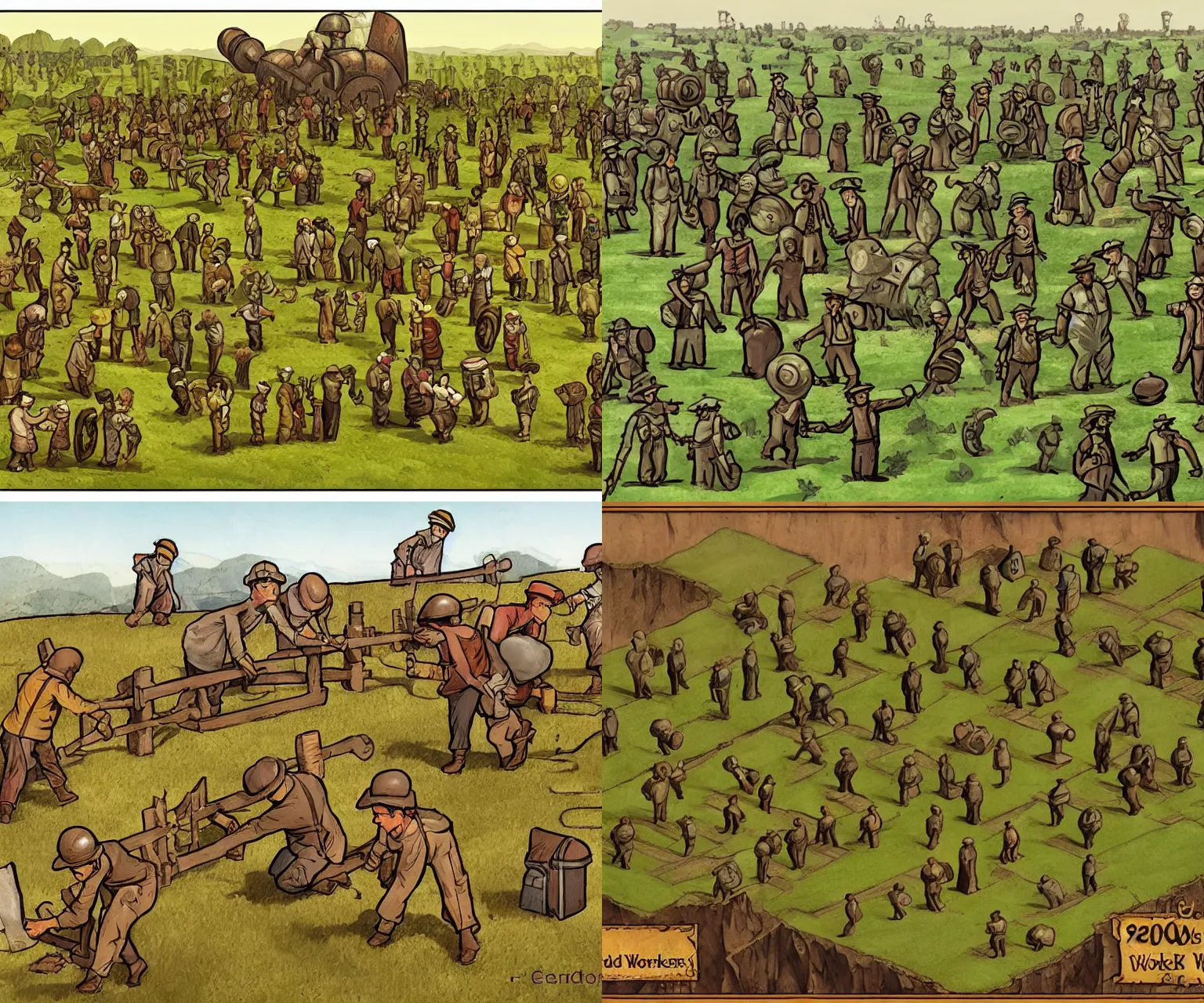 Prompt: 1 9 2 0 workers in field, concept art, art by caverna, uwe rosenberg