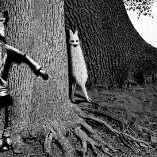 Image similar to realistic photograph of fantastic mr. fox standing under an old oak tree, wes anderson, ansel adams