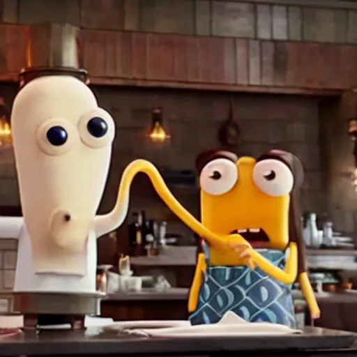 Prompt: film still of an anthropomorphic squid who is the boss of a restaurant, greeting an anthropomorphic sponge man who is a cook in the kitchen