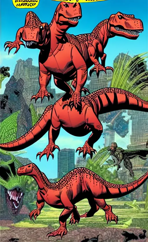 Prompt: dinosaur fantasy world marvel comics