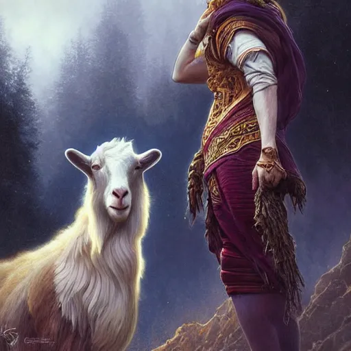 Image similar to Lionel Messi standing beside a majestic goat, D&D, fantasy, intricate, elegant, highly detailed, digital painting, artstation, concept art, matte, sharp focus, illustration, art by Artgerm and Greg Rutkowski and Alphonse Mucha