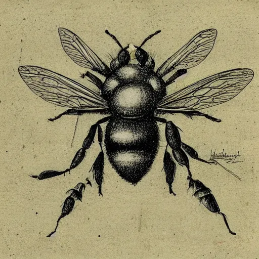 Image similar to Leonardo da Vinci detailed sketch of a mechanical bee, concept art, pencil on paper, technical sketch, blueprint