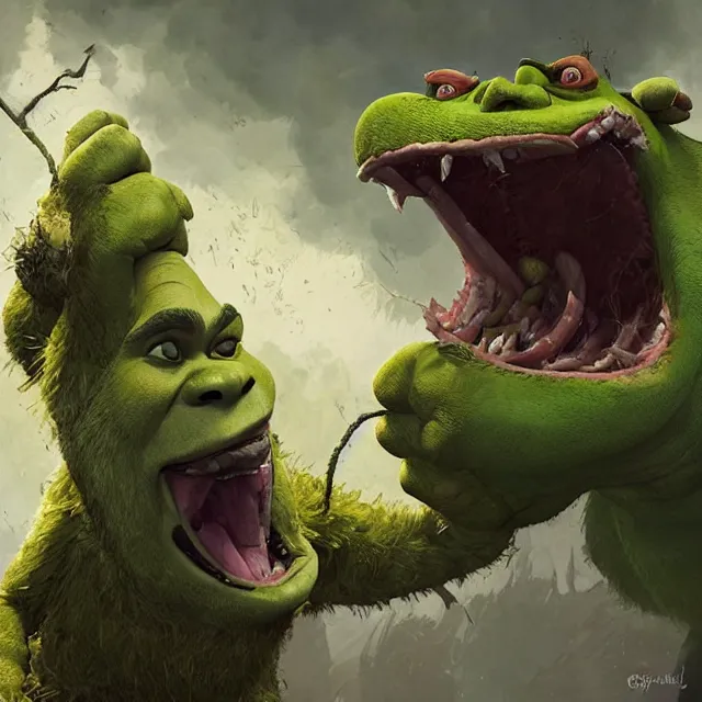 Image similar to monstrous shrek shrieking and gnashing his vicious teeth, art by greg rutkowski