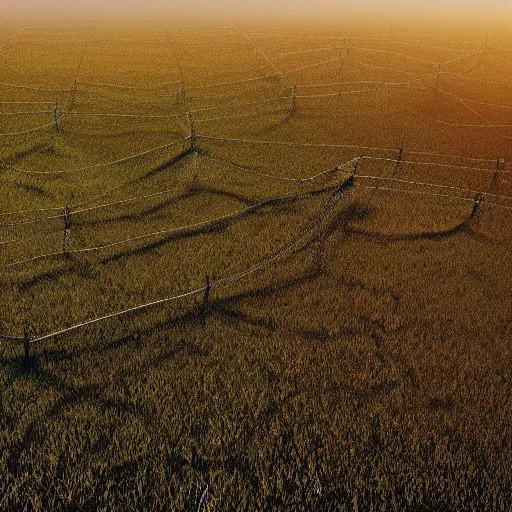 Prompt: an endless fence that is 1 0 0 0 feet tall, in a field with rolling hills, birds high in the sky, dystopian, rim, masterpiece digital painting, octane render, 4 k