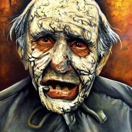 Image similar to a scary painting of an old man covered in mud