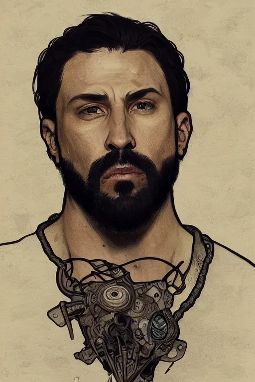 Image similar to very detailed portrait of a rugged man in his mid thirties, strong jaws, latino features, wearing a black t - shirt, earthy color scheme, by wlop and krenz cushart and artem demura and alphonse mucha and artgerm, historical fiction, detailed eyes, starry background, trending, on artstation.