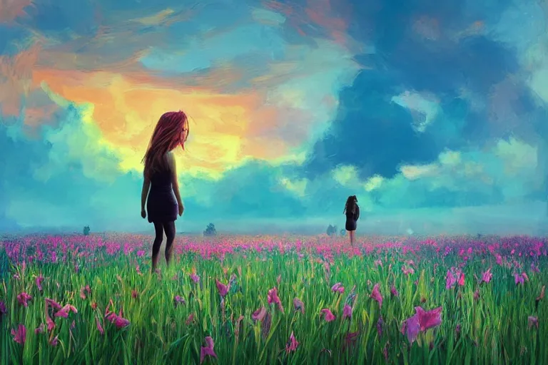 Image similar to giant gladiola head, girl walking in field of flowers, surreal photography, sunrise, blue sky, dramatic light, impressionist painting, digital painting, artstation, simon stalenhag