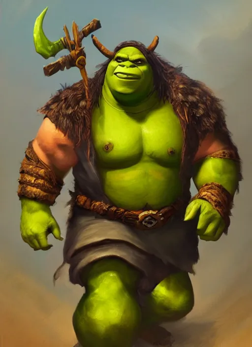 Image similar to dramatic oil painting of full body shrek as thrall from world of warcraft, artstation, shrek, epic, dramatic, shrek ogre,