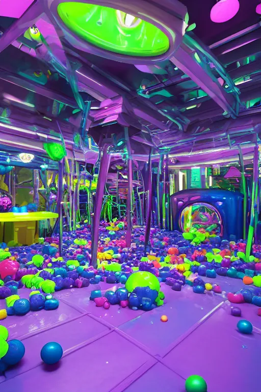 Image similar to Cybertron, the inside of a Discovery Zone soft play area for goth Decepticons, pastel purple ballpit, Deception and goth colors, cinematography by Wes Anderson, 4k octane render, photorealistic , cinematic lighting, Artstation