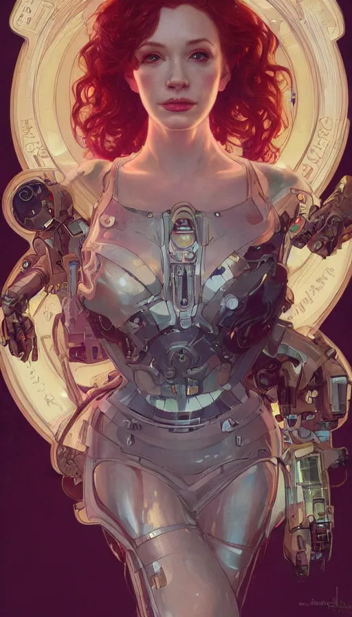 Image similar to portrait of christina hendricks as a robot, cyberpunk machine, machine face, robed, upper half portrait, decorated, intricate intense elegant highly detailed digital painting artstation concept art smooth sharp focus illustration, art by artgerm and greg rutkowski alphonse mucha 8 k