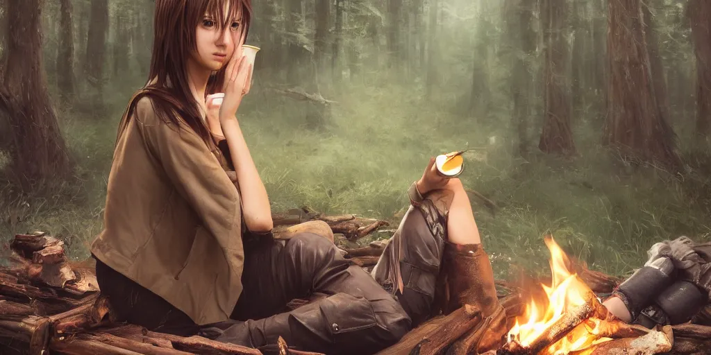 Image similar to A girl from Final Fantasy live action, with short black hair and green eyes in a tan trenchcoat sitting on a log and drinking tea by the campfire by her motorcycle at night under the stars, evocative, mystical night, very very very very detailed, award winning, masterpiece digital painting by Greg Rutkowski, Alex Grey, artstation, 4k wallpaper