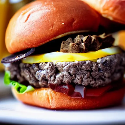 Image similar to closeup photo of most delicious cheeseburger with chocolate truffles inside