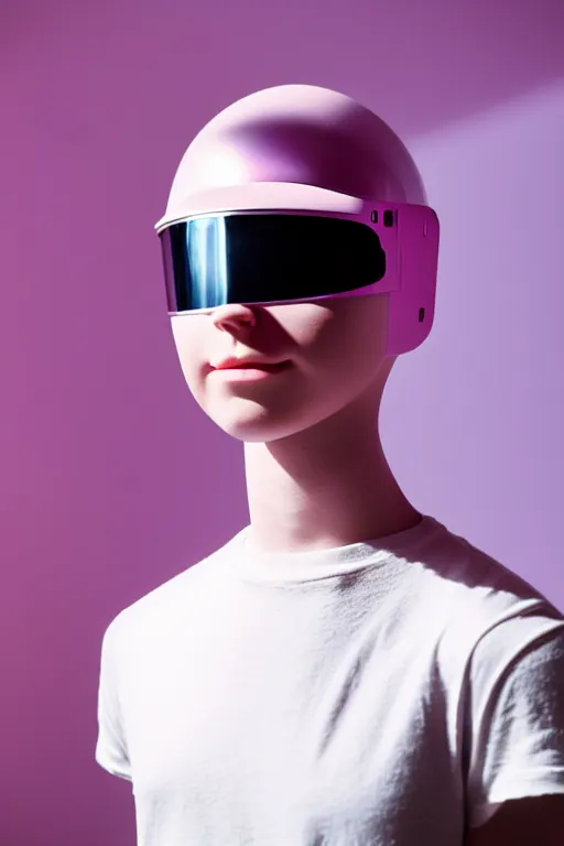 Prompt: a high definition film photograph of a normal androgynous robot human wearing a plain white t - shirt, in a pastel pink room. happy. visor covering eyes. chrome metallic. crushed shadows.