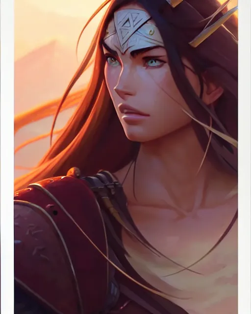 Image similar to azctec warrior, megan fox, detailed perfect face, exquisite details, fire magic, mid view, design on a white background, by studio muti, greg rutkowski makoto shinkai takashi takeuchi studio ghibli