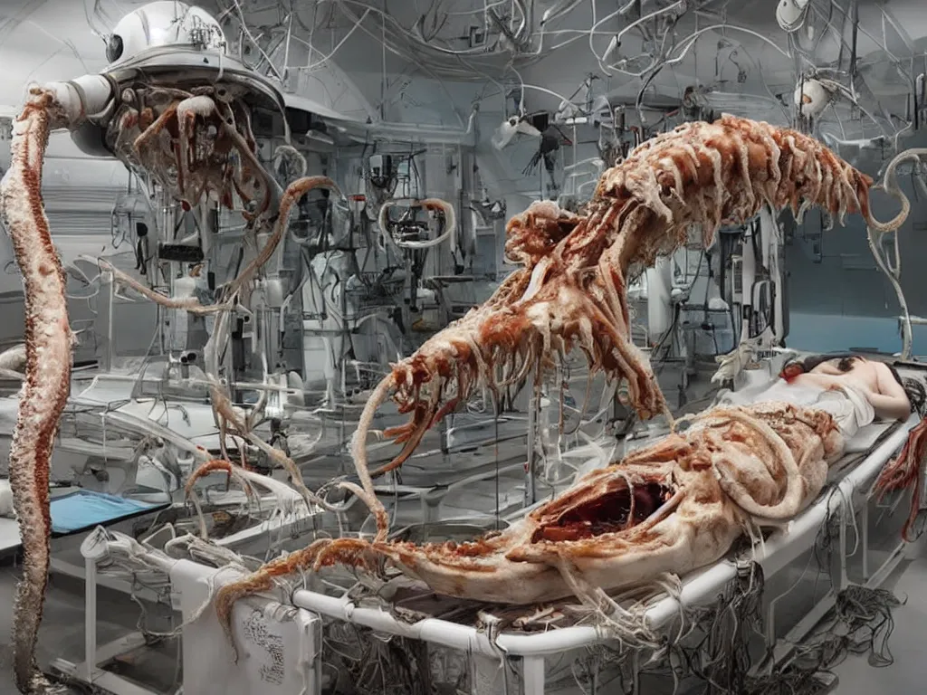 Image similar to Big budget horror movie set in an undersea biolab about a cyborg doing an autopsy on a giant squid's skeleton, staring Garfield the Cat